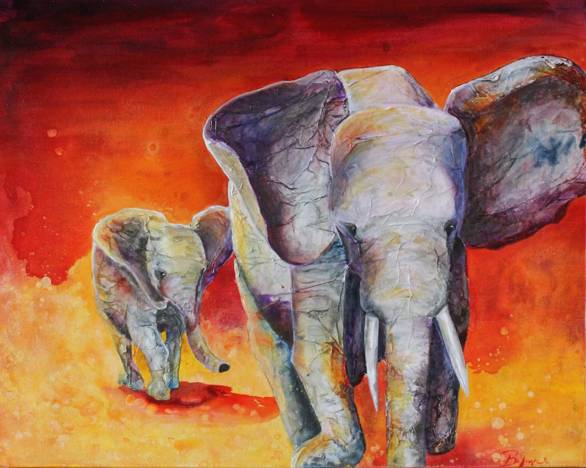 Acrylic painting of an adult elephant and a calf walking against a fiery red and orange background
